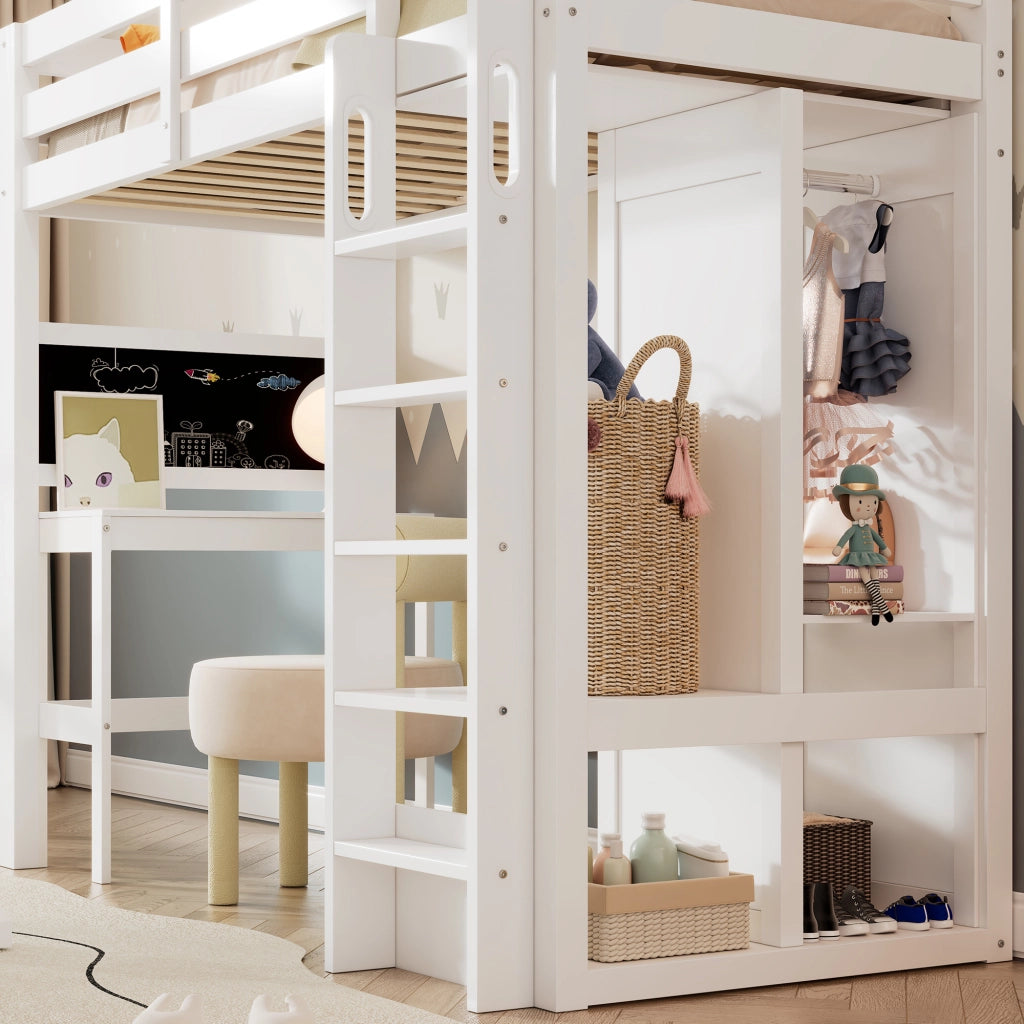 OKWISH Letto a Soppalco 90×200 cm, Letto Singolo con Scrivania, Lavagna e Armadio Aperto, senza Materasso, in Legno, Bianco