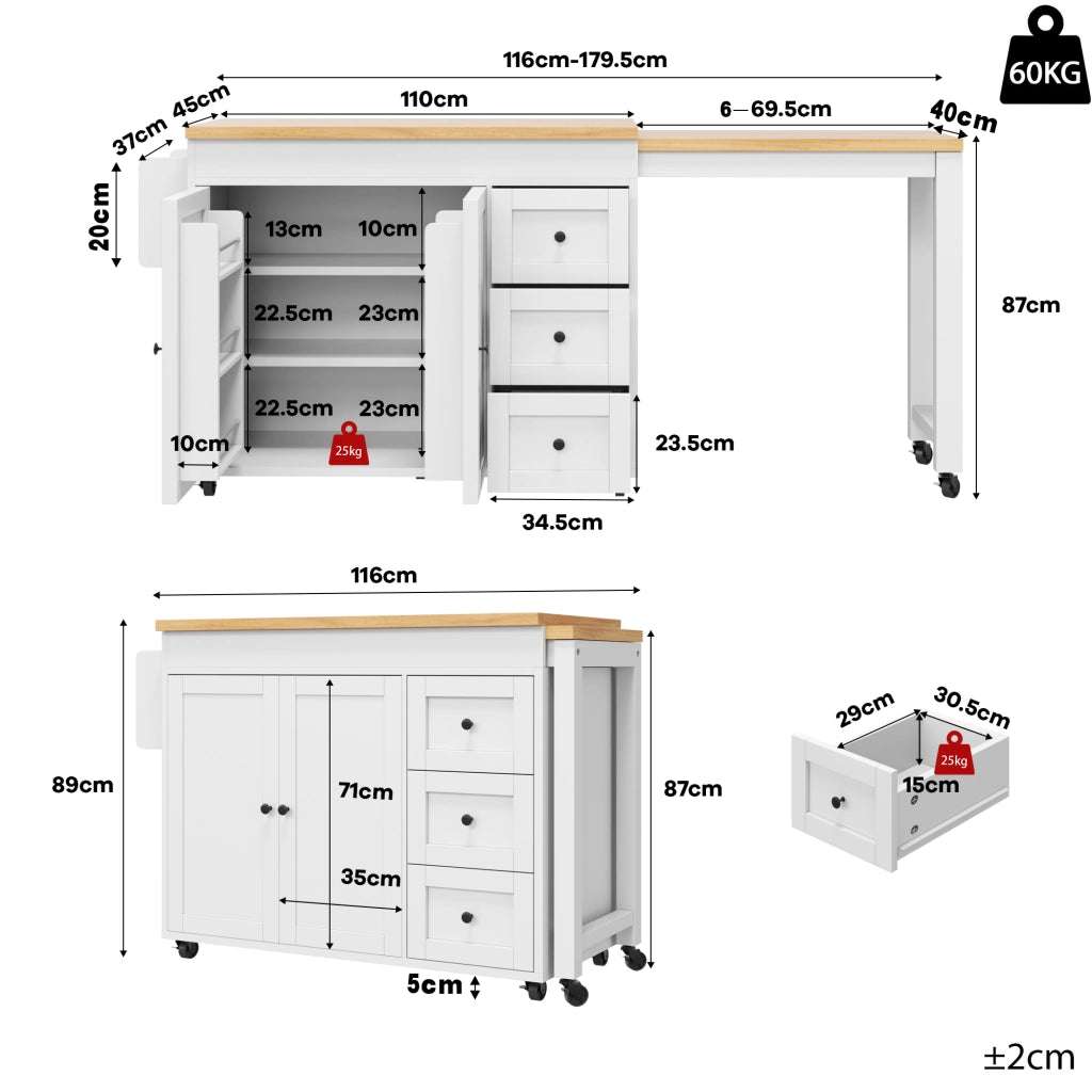 ISOLA CUCINA ESTENSIBILE 116-179,5 cm CON 3 CASSETTI BIANCA SU RUOTE
