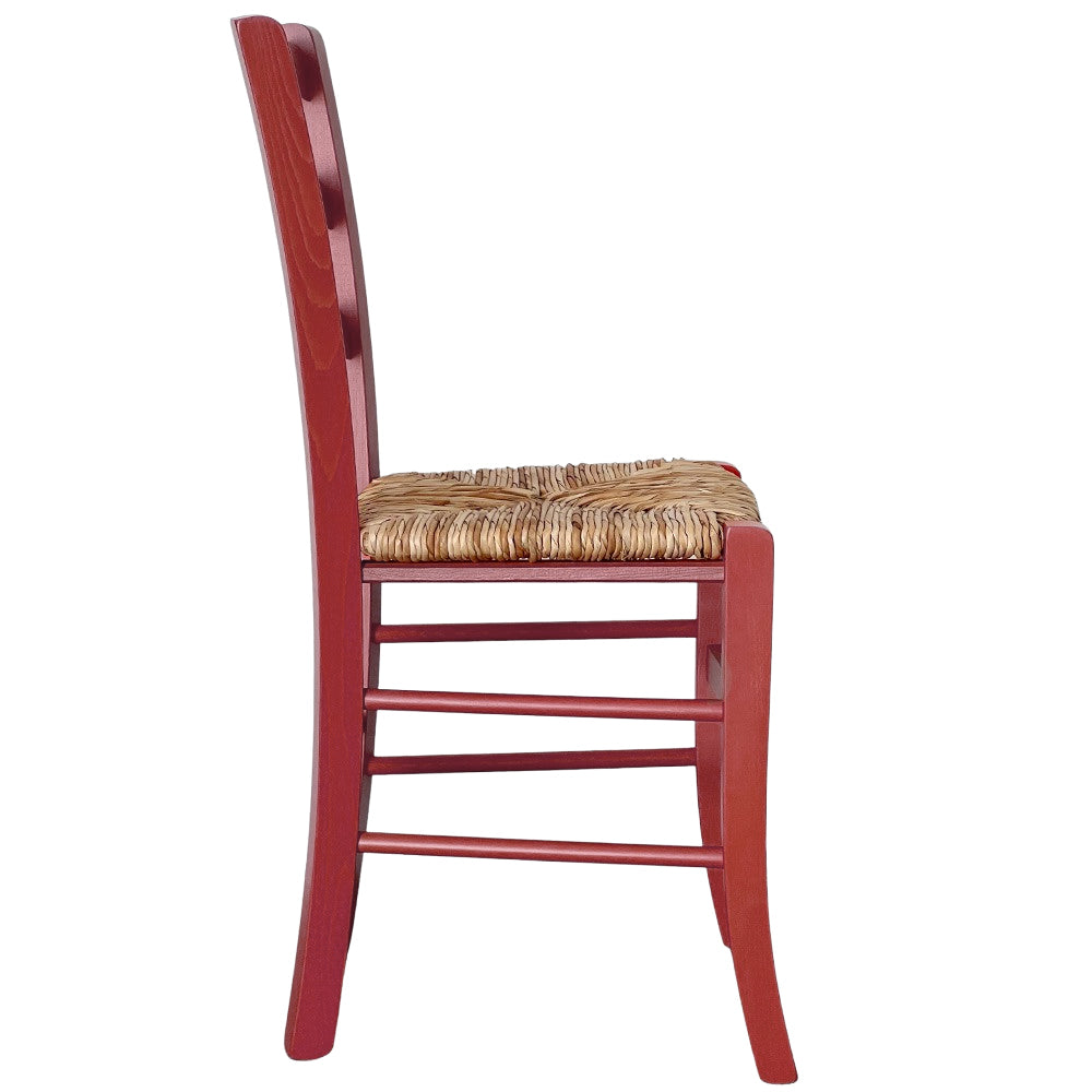 Sedia Venezia in legno di faggio rosso con seduta intrecciata in paglia di riso