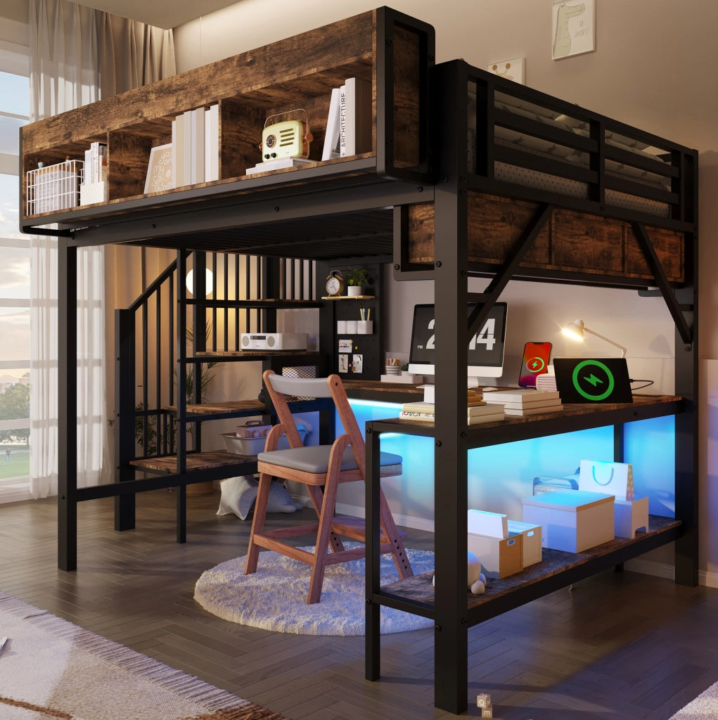 Hochbett 140x200 cm vintage marrone nero con scrivania angolare; LED; prese USB e contenitore