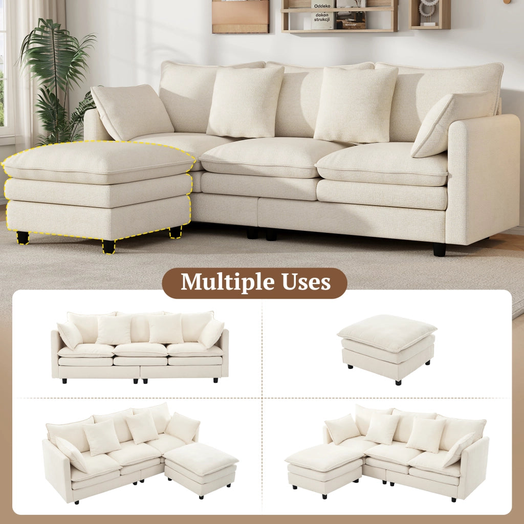 Divano angolare a 3 posti in ciniglia con chaise longue mobile, 4 cuscini e 3 schienali beige 212 × 150 × 90 cm
