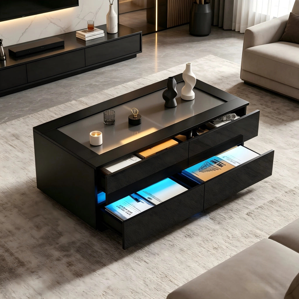 Tavolino da caffè con 4 cassetti; LED - per soggiorno - in truciolare - 100×50×40 cm - nero