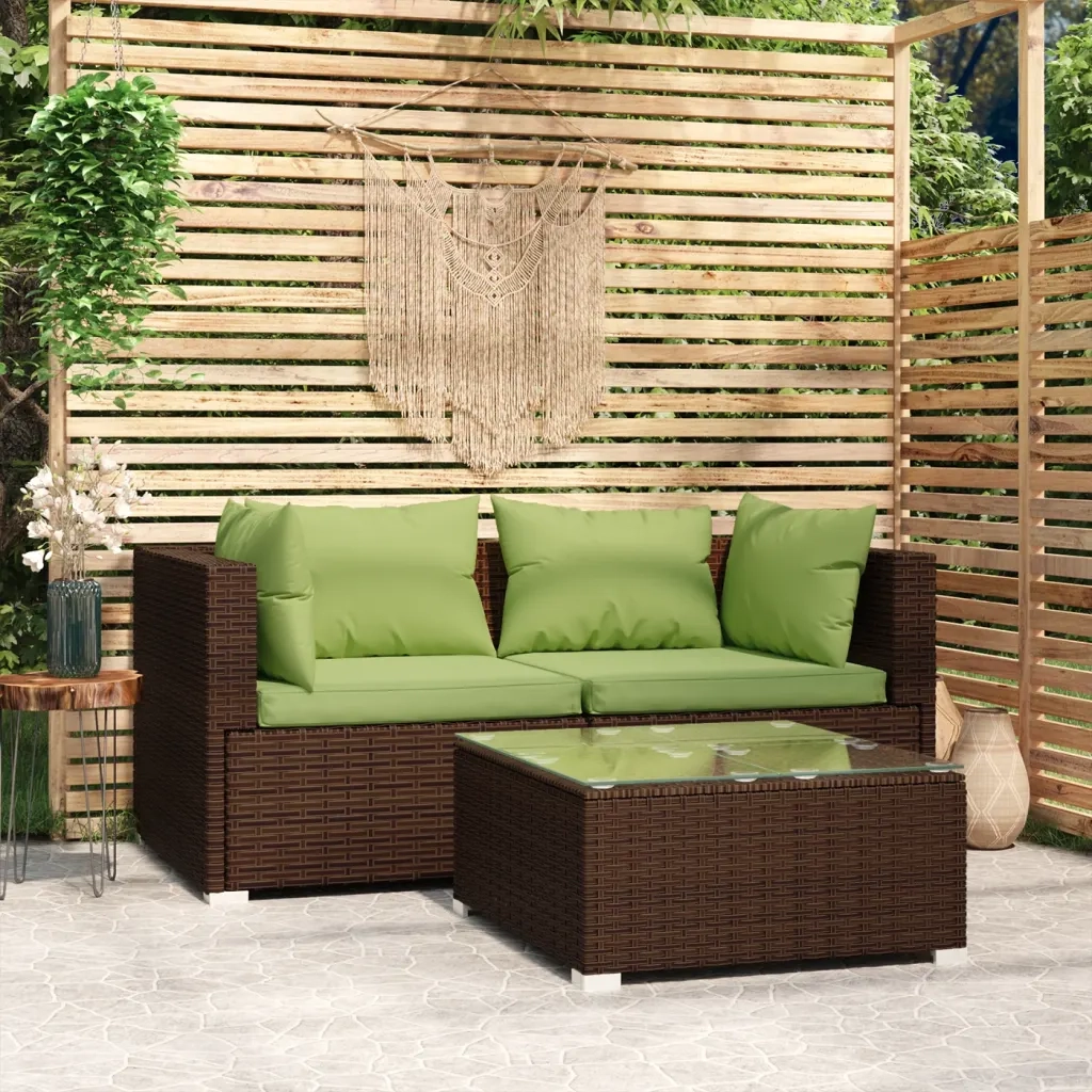 Set Mobili da Giardino 3 pz con Cuscini in Polyrattan Marrone 317554