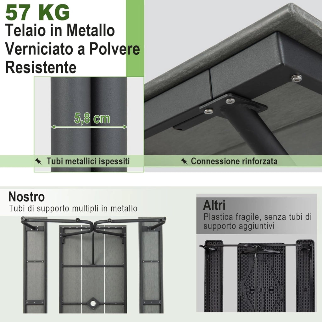 Tavolo da Pranzo 183 CM con 2 Panche per 8 Persone, Set da Picnic in Metallo e HDPE con Foro per Ombrellone, per Giardino Terrazzo (Grigio)