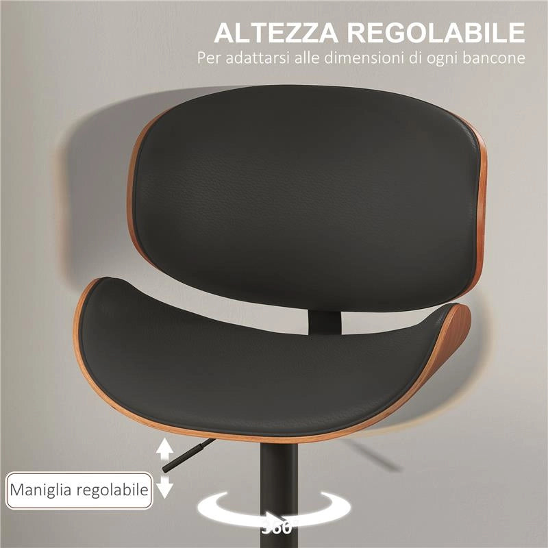 SET 2 SGABELLI DA BAR CON SCHIENALE REGOLABILI IN ALTEZZA, LEGNO E FINTA PELLE, 53X52X92-112 CM, NERO