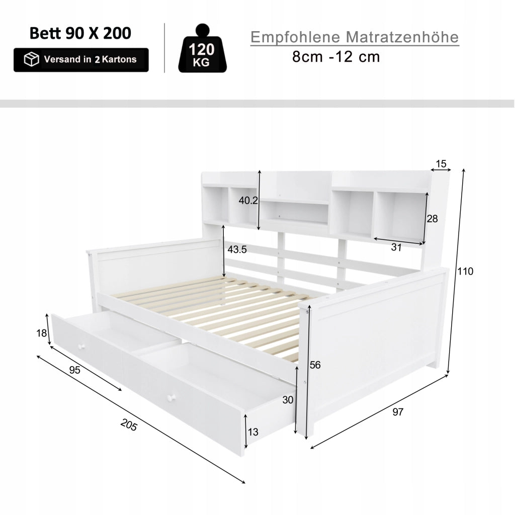 Letto singolo 90x200 bianco con cassetti e scaffale - Xylo