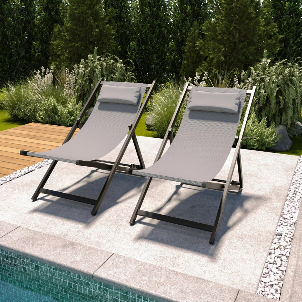 Sedia Leggera Da Giardino Con Schienale Regolabile 5 Posizioni Pieghevole Ergonomica Con Cuscino Traspirante Struttura Nera In Alluminio Da Esterno Piscina Mare Portata Massima 160 Kg Grigio
