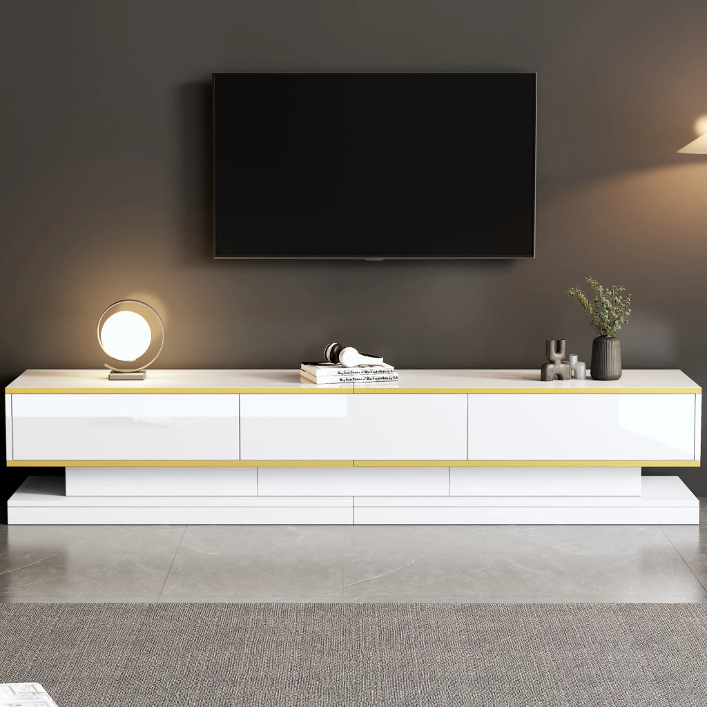 Mobile porta tv 200 cm bianco lucido con 3 cassetti e bordo dorato