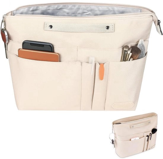 Organizzatore per borsa da donna, beige e bianco, per la gestione di oggetti, ideale per la scuola, l'ufficio, i viaggi e il lavoro in città.