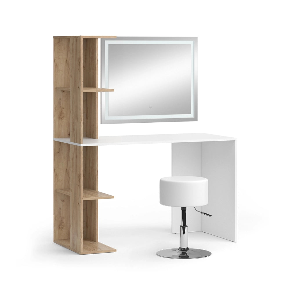 Vicco Tavolo da toeletta Bianco/Sonoma 122.2 cm con specchio LED e sgabello