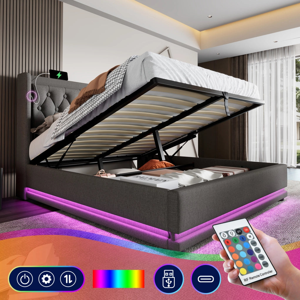 Letto contenitore imbottito 140x200 cm grigio in cotone con testiera USB Type-C e LED