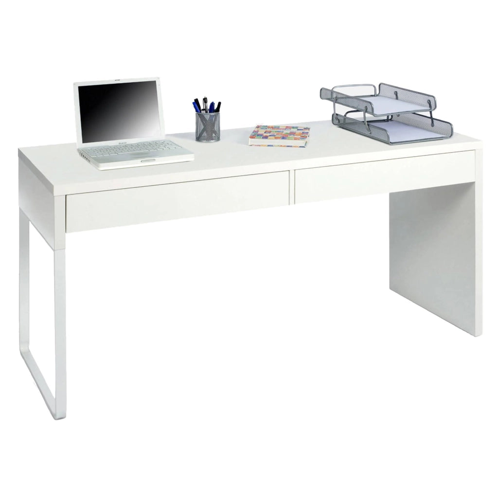 Scrivania Cerere, Scrittoio reversibile da ufficio, Tavolo da studio porta PC con 2 cassetti, cm 138x50h75, Bianco opaco