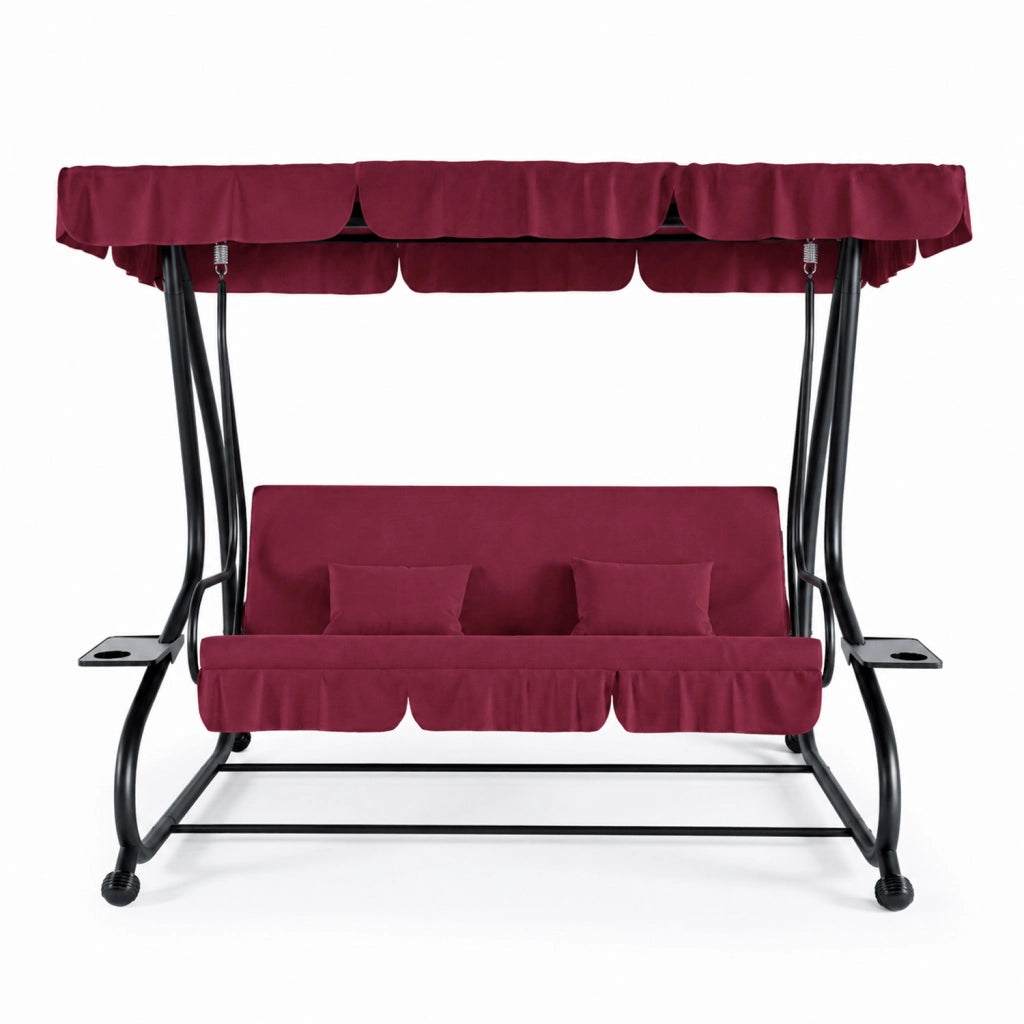 Dondolo Da Giardino 3 Posti Schienale Regolabile Tetto Ombreggiante Cuscinatura Comfort Imbottita Convertibile In Letto Per Esterno Balcone Patio 200 x 120 x 160 Cm Bordeaux