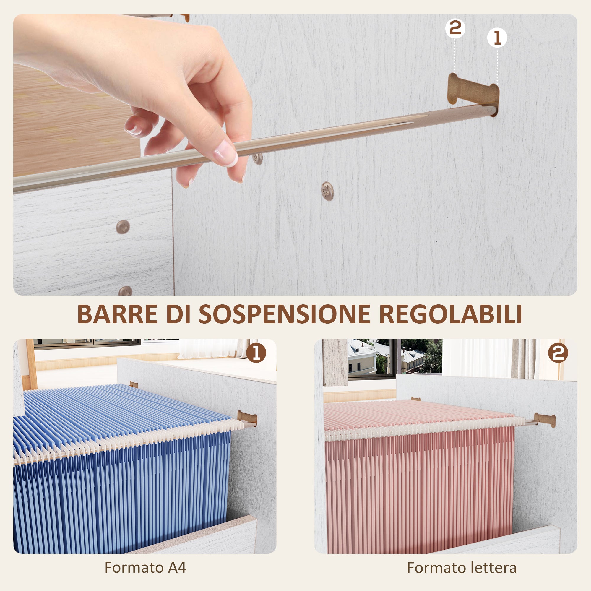 Cassettiera per Ufficio a 4 Cassetti 40x42x130,8 cm con 2 Serrature e Barra Portadocumenti in Legno Bianco