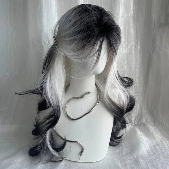 Parrucca a onde di 60 cm per donna | Colori misti nero-bianco con tessuto realistico | Parrucca moderna per feste quotidiane | Cappello a rete di rose
