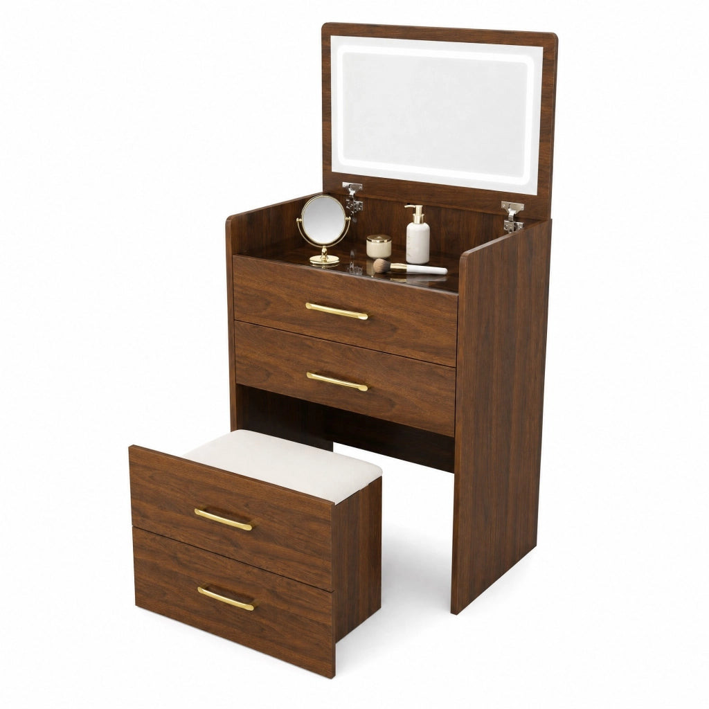 Toeletta 3 in 1 in MDF color noce con specchio pieghevole