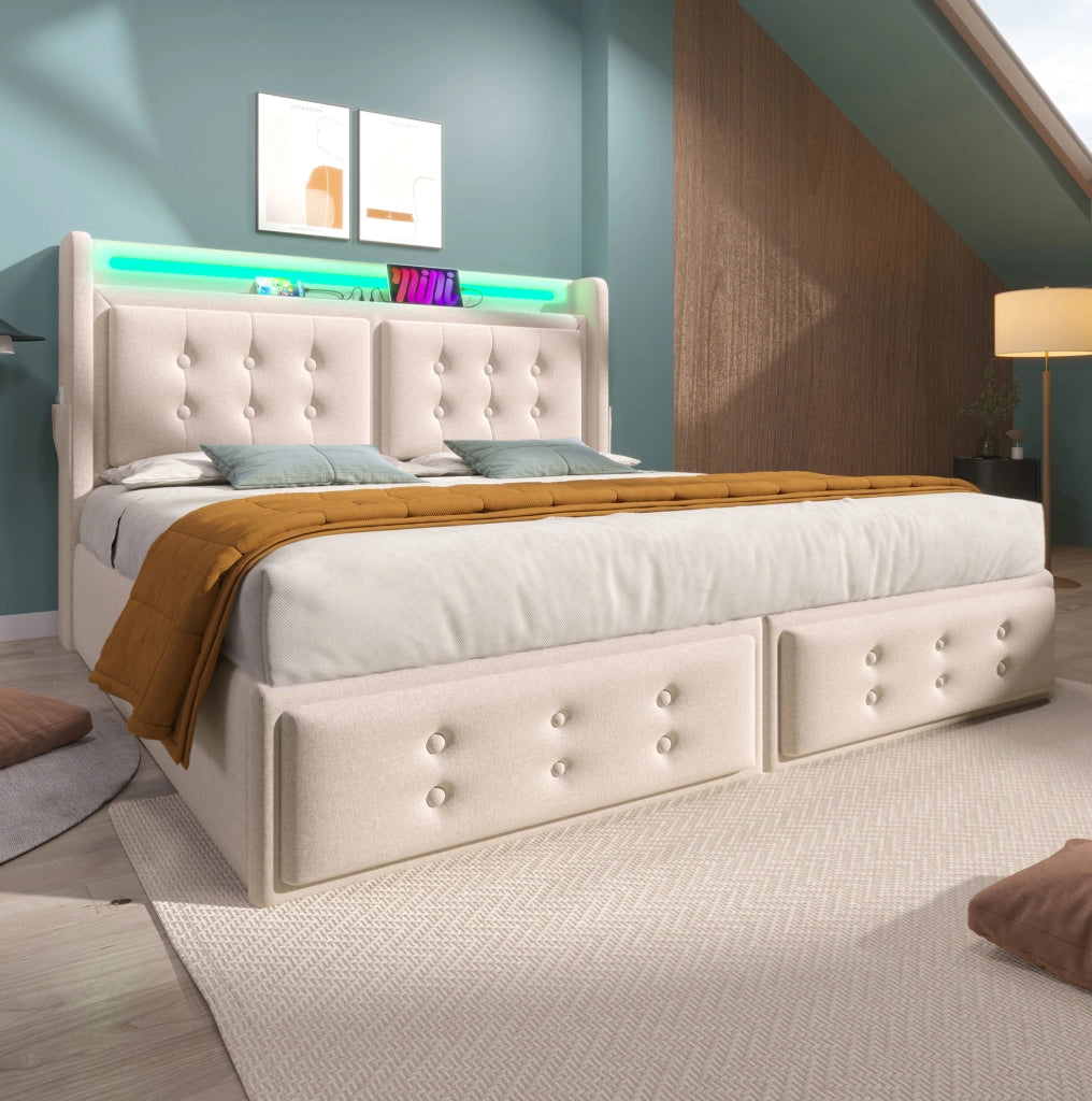 Letto matrimoniale 160x200 cm con contenitore; LED; USB-C e tessuto beige