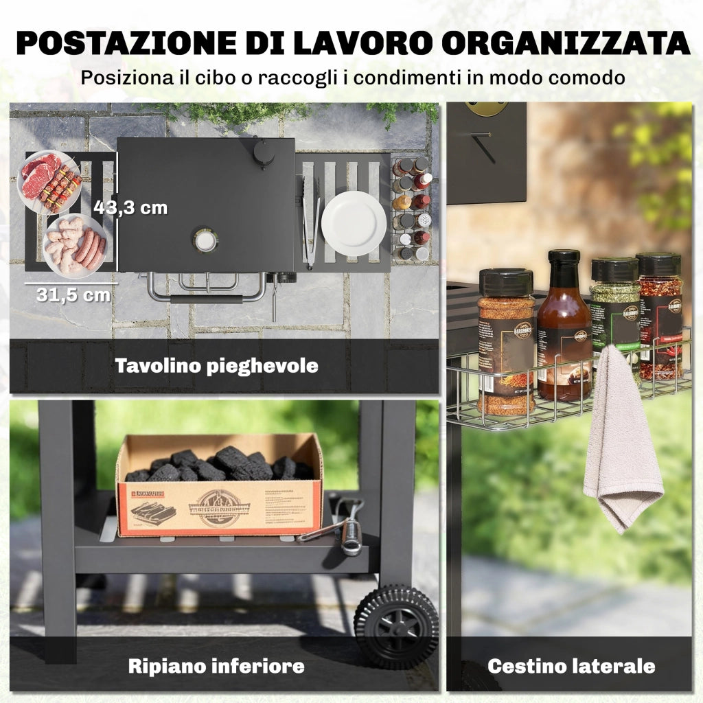 Barbecue a Carbone 133,5x65x110 cm a Rotelle con Griglia Regolabile e Ripiani Pieghevoli in Acciaio e PP Nero