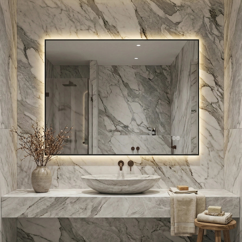 Specchio bagno led 60x80 cm retroilluminato antiappannamento; cornice in alluminio; argento