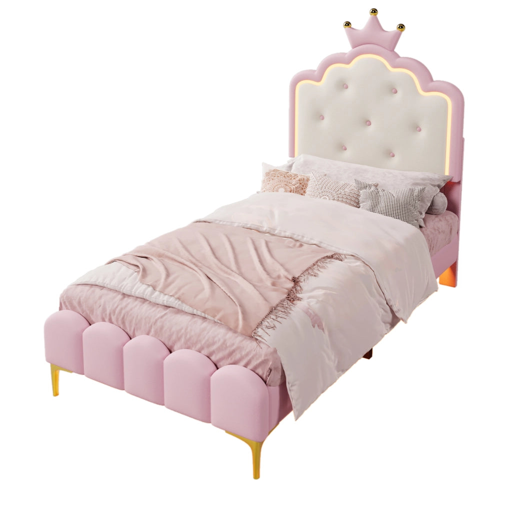 Letto singolo a corona 90x200 cm con luce LED; PU rosa