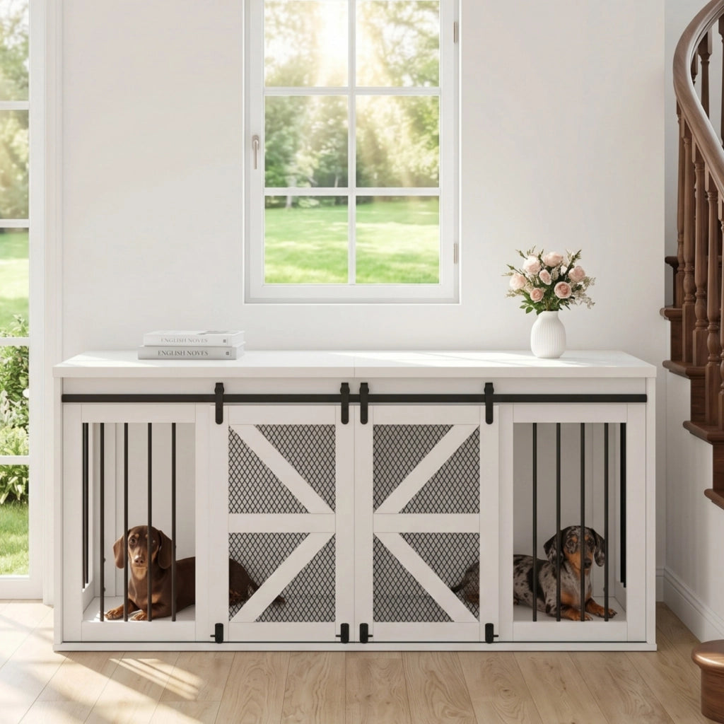 Mobile kennel doppio in MDF e metallo bianco con porte scorrevoli
