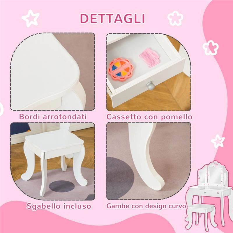 TOELETTA PER BAMBINI CON SGABELLO IN LEGNO, 3 SPECCHI E CASSETTO 63X40X85CM