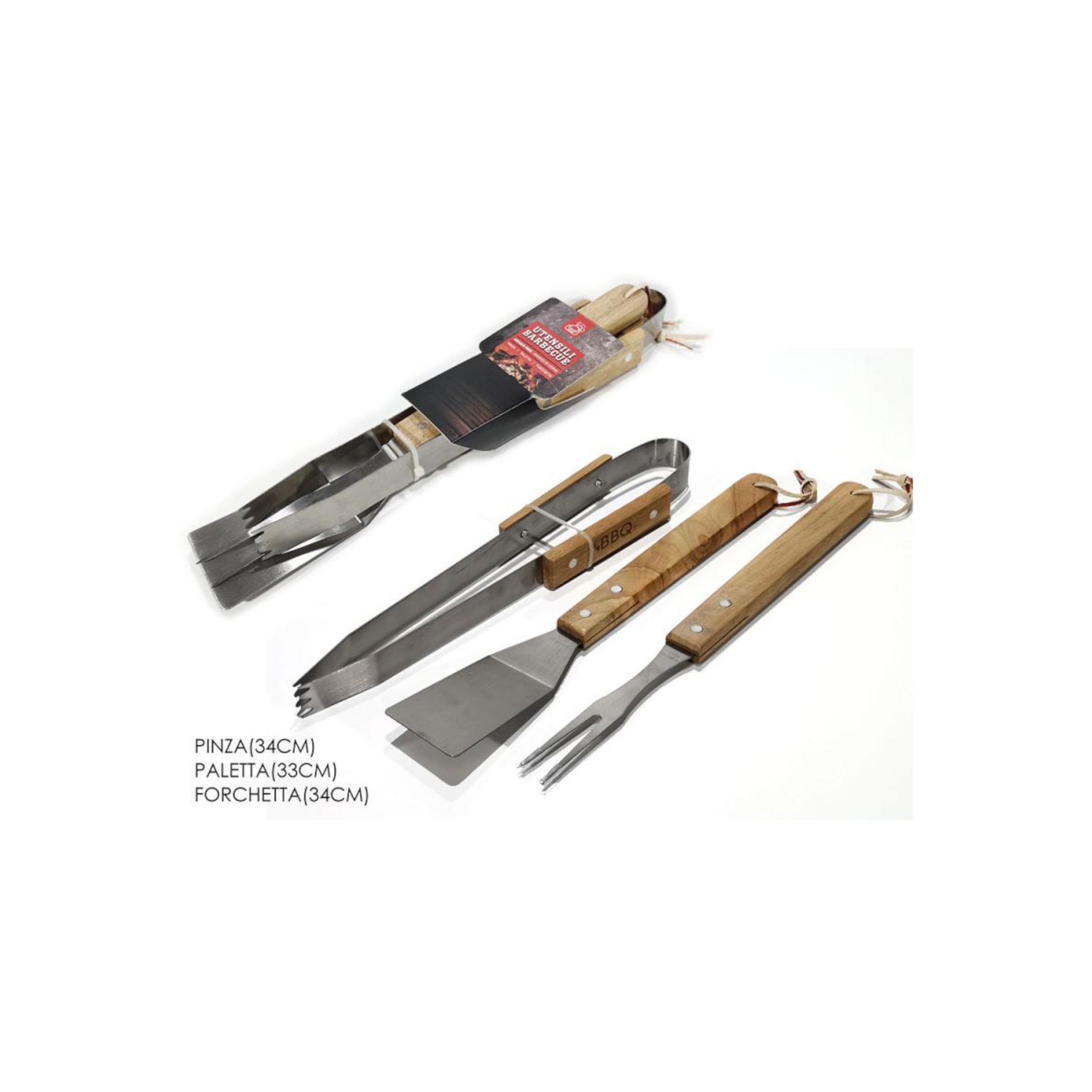 SET 3 UTENSILI CON MANICO DI LEGNO PER BARBECUE