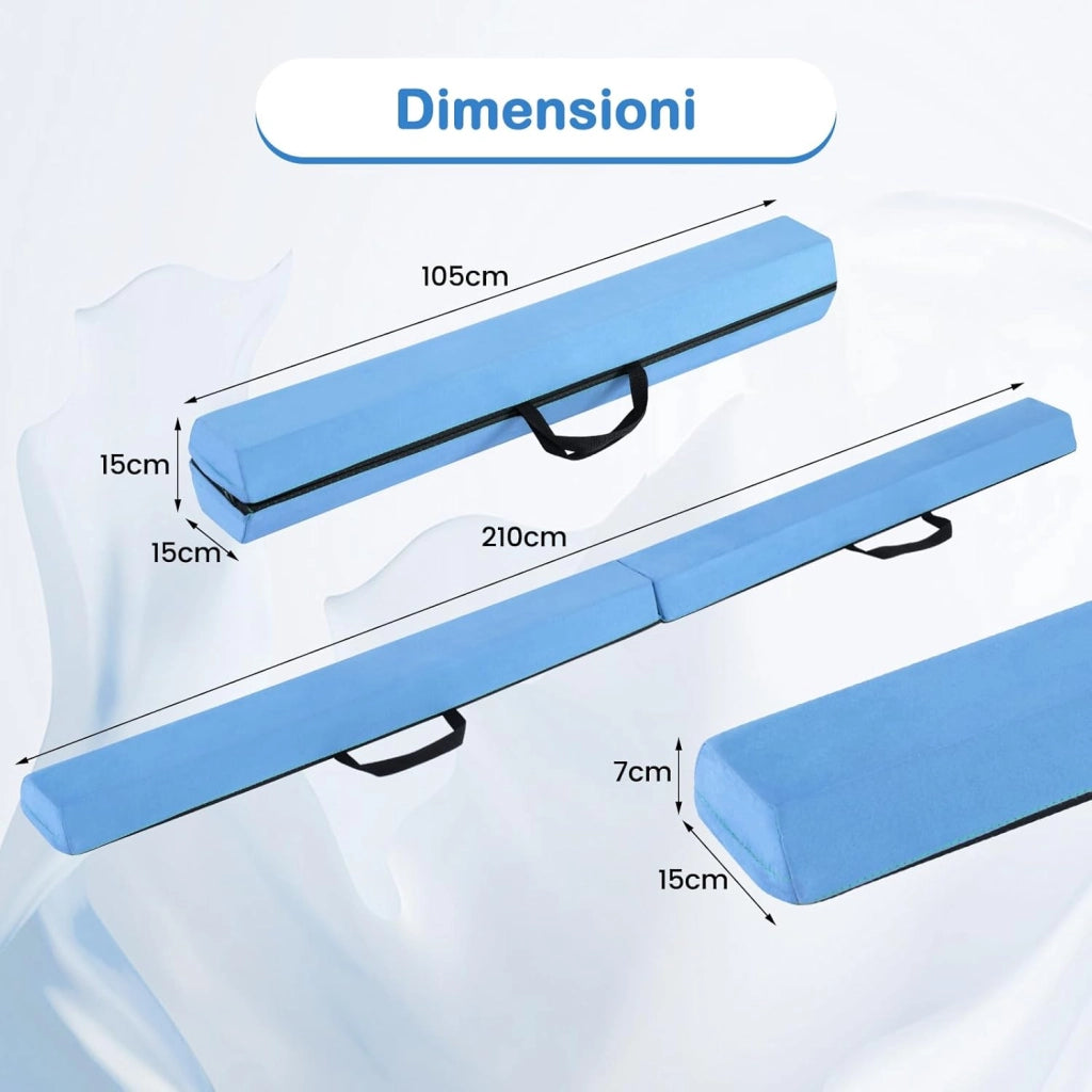 Trave Ginnastica Artistica per Bambini 210 cm, Trave di Equilibrio Pieghevole e Portatile per Casa con Manici, Copertura in Suede Rimovibile e Fondo Antiscivolo