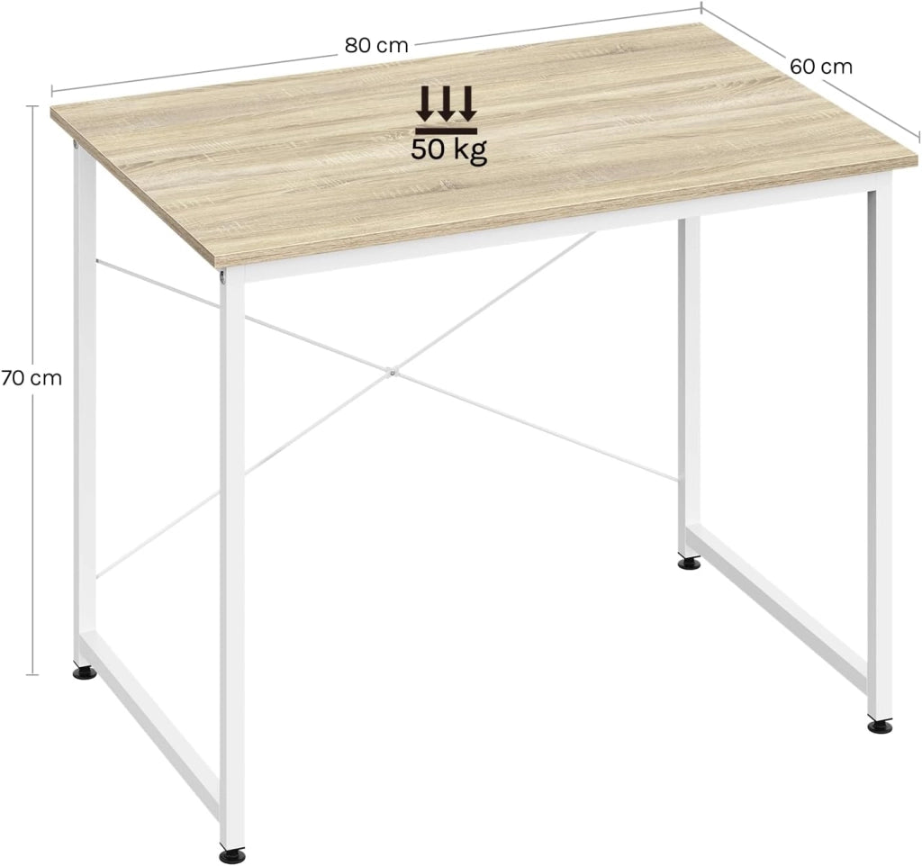 Scrivania Salvaspazio, Tavolo per Computer, Rovere Chiaro + Bianco per Studio, Home Office, Camera da Letto, in Legno e Metallo, 80x60x70 cm