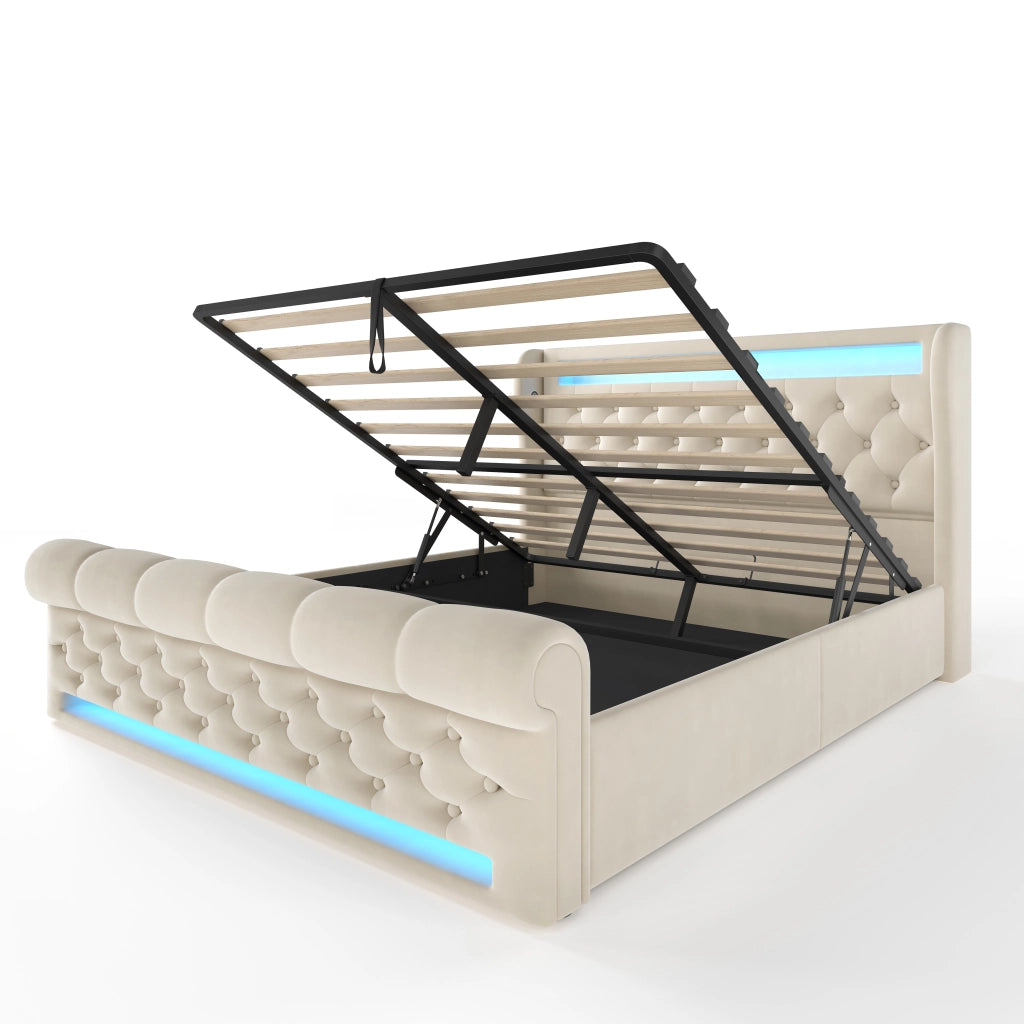 Letto matrimoniale imbottito 140x190 cm con LED, USB e porta Type-C, contenitore idraulico, beige