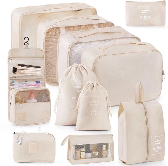 Organizzatori per Borse - Set di 11 pezzi - Materiale Beige - Leggero e Impermeabile - Ideali per il Viaggio - Organizzazione per il Bagaglio