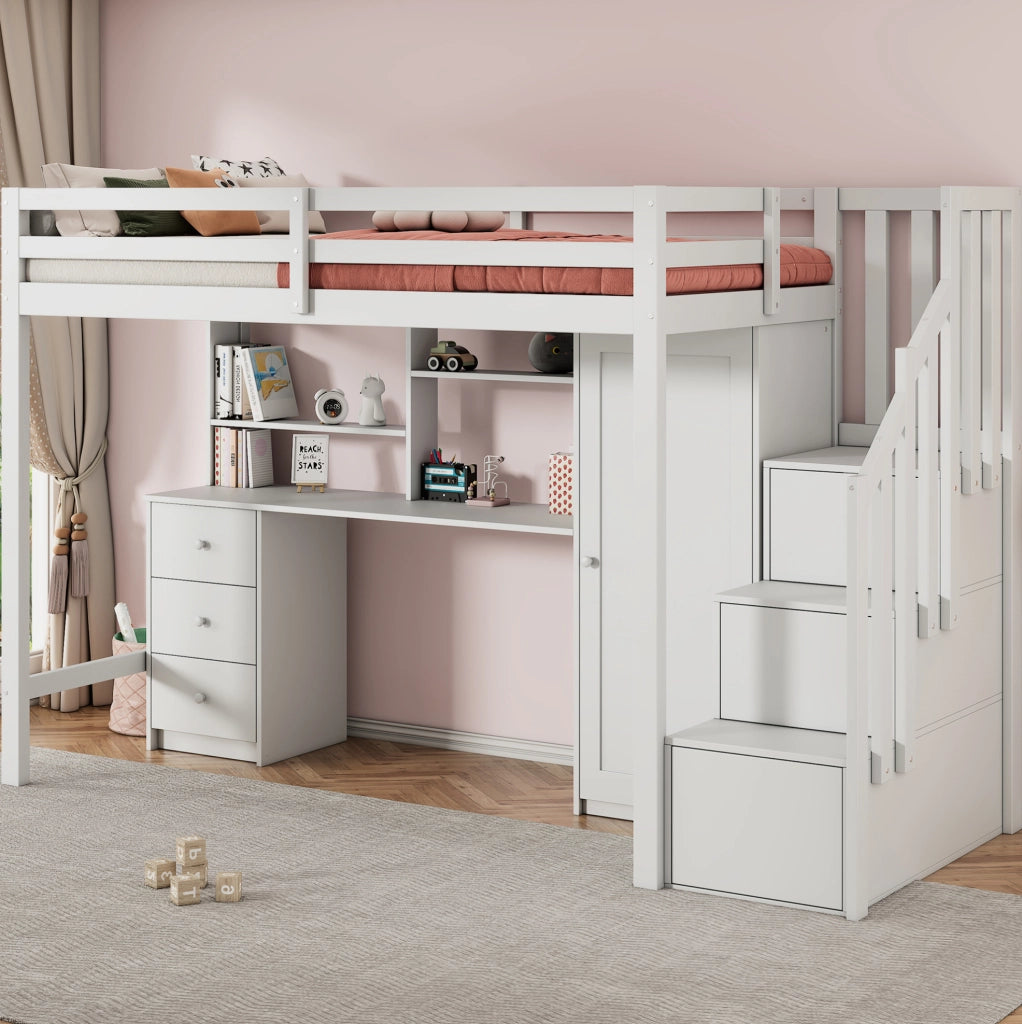 Letto a castello 90x200 cm con scrivania e armadio bianco