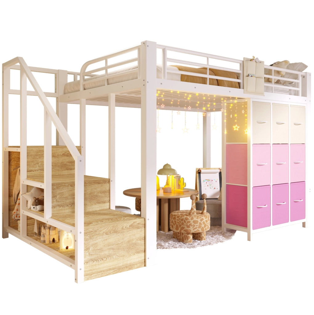 Letto a soppalco 140x200 cm in metallo e MDF; con cassetti; armadio e scala; bianco