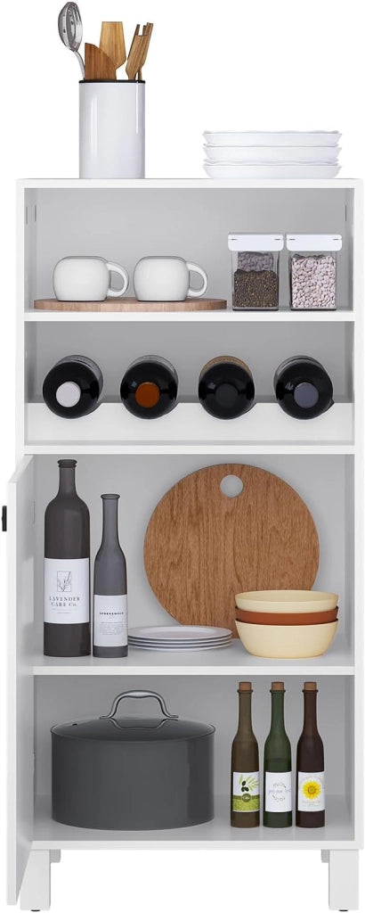 Credenza da Cucina con Portabottiglie per 5 Bottiglie, Libreria Chiusa Anta Bianca, Mobiletto Multiuso con Ripiani Regolabili, Scaffale Portaoggetti, in Legno e Metallo, 48x40x108cm