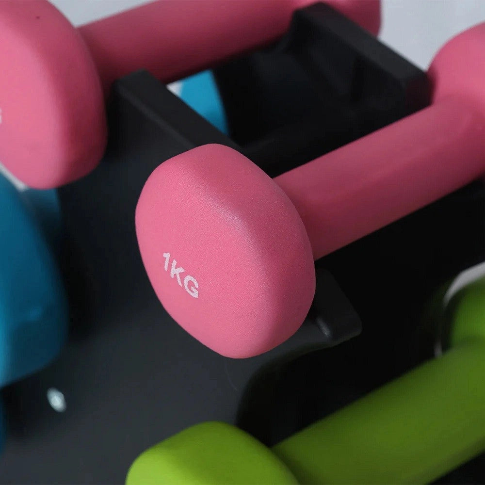 Trade Shop - Set 6 Manubri Palestra Con Stand Appoggio 2x1kg +2x2kg +2x3kg Pesi Sport Fitness -