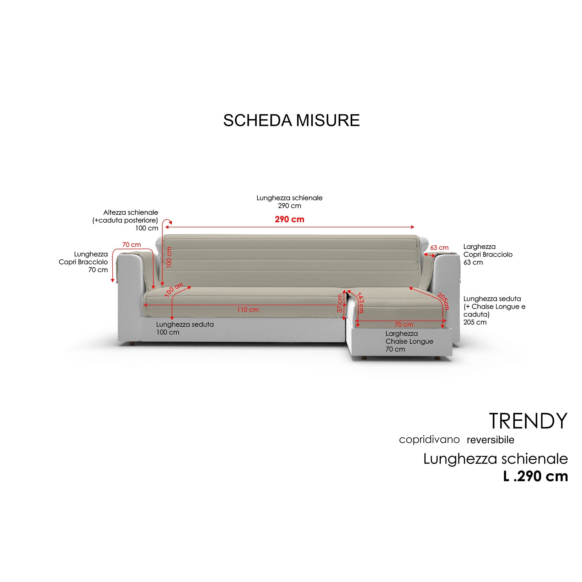 Copridivano Trapuntato con Penisola Destra Seduta 290 cm in Microfibra Panna