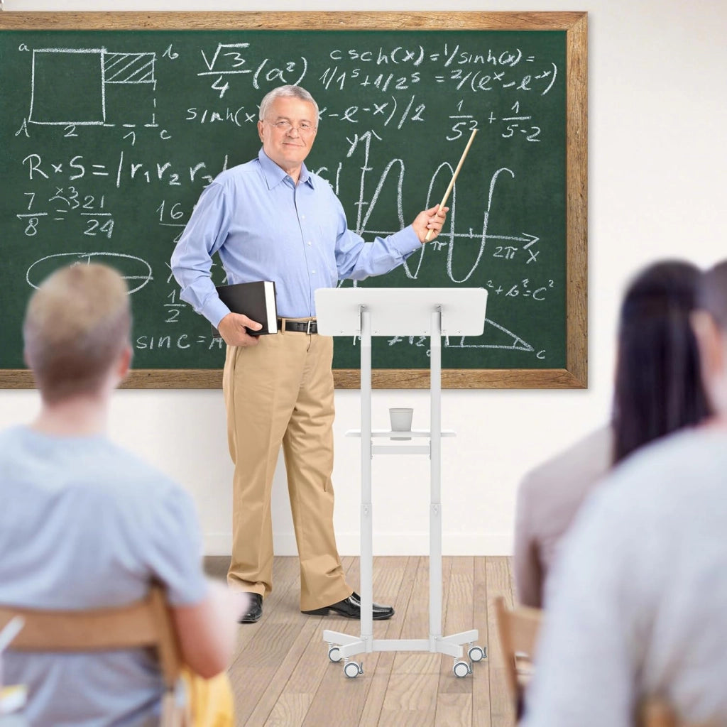 COSTWAY Podio per Conferenze, Pulpito Portatile per Laptop con Piano Inclinabile e Regolabile in Altezza, Vassoio Portaoggetti, Portabicchieri e Ruote Bloccabili (Bianco)