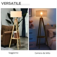 Lampada da Terra con Ripiano Intermedio Paralume in Lino Interruttore a Pedale Risparmio Energetico Altezza 154cm, Legno, 50x50x154 cm