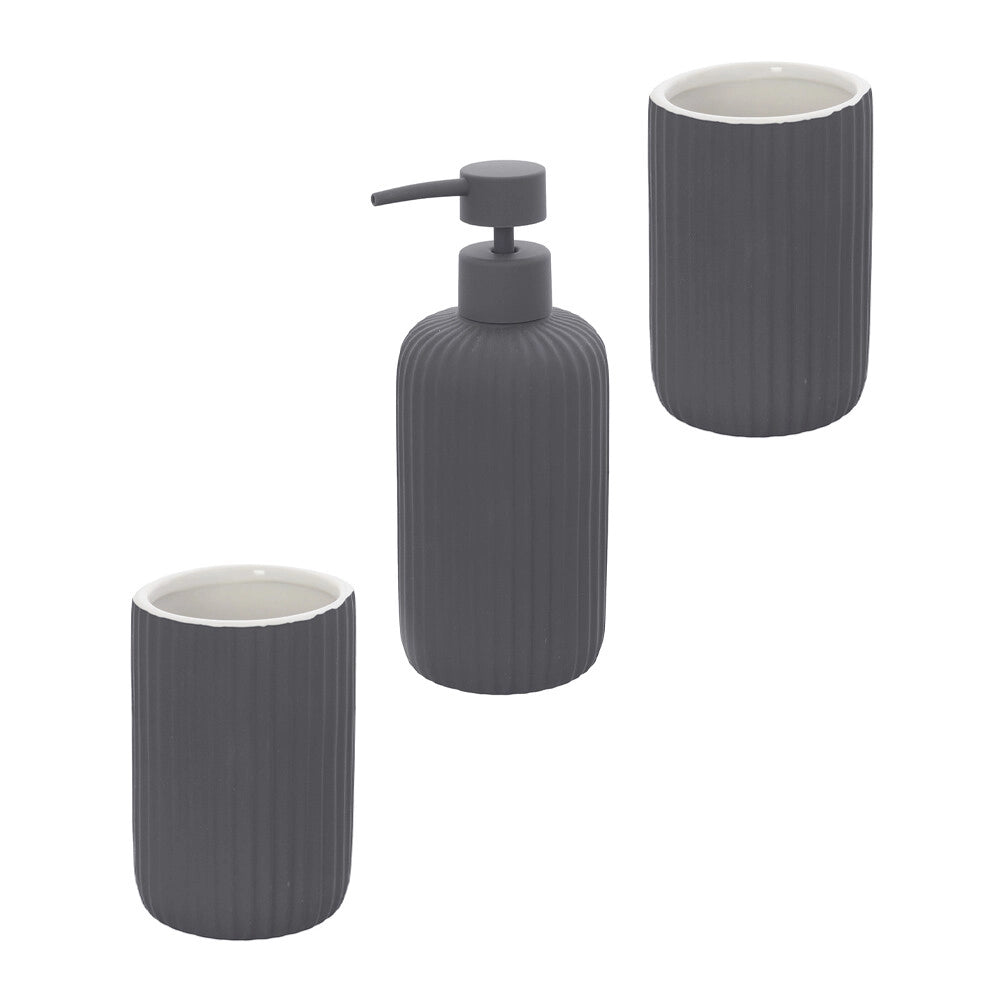 Set accessori bagno in ceramica grigio con dispenser sapone e due portaspazzolini Spring