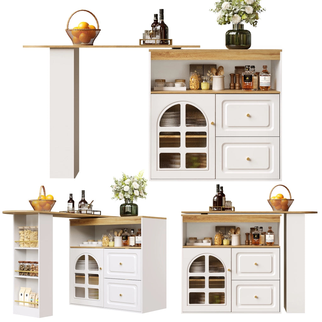 Mobile Bar Girevole con 2 Cassetti; Ripiani e Anta in Vetro Curvo; in MDF; Bianco; 138-204 x 39 x 104 cm