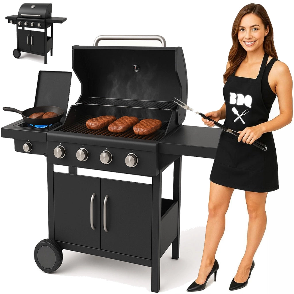 Barbecue a Gas Pietra Lavica BBQ 4 Fuochi con fornello laterale 110x130x50 cm