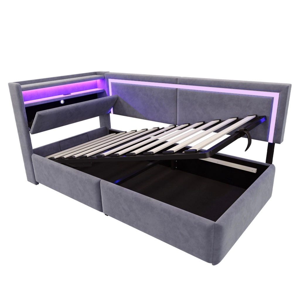 Divano letto imbottito 90x200 cm in velluto grigio con LED; USB e contenitore