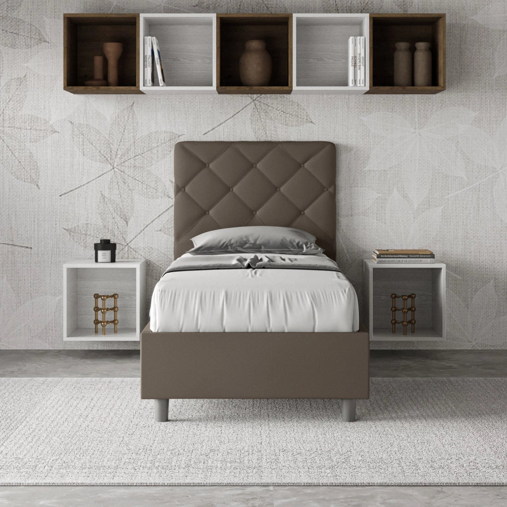 Letto Singolo 80x200 cm con Rete e Contenitore Priya Cappuccino