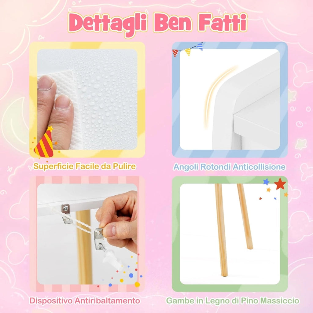 Set Toeletta Trucco per Bambini con Specchio Illuminato, Set Tavolo e Sedie con Ripiano Aperto, Ganci e Cassetti, Mobile da Leggere, Disegnare e Scrivere per Cameretta, Bianco
