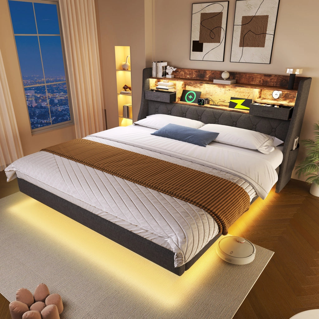 OKWISH Letto contenitore 140×190 cm, Letto Matrimoniale con LED Regolabile, USB, Type-C e Testiera con Contenitore, senza Materasso, Lino, Grigio