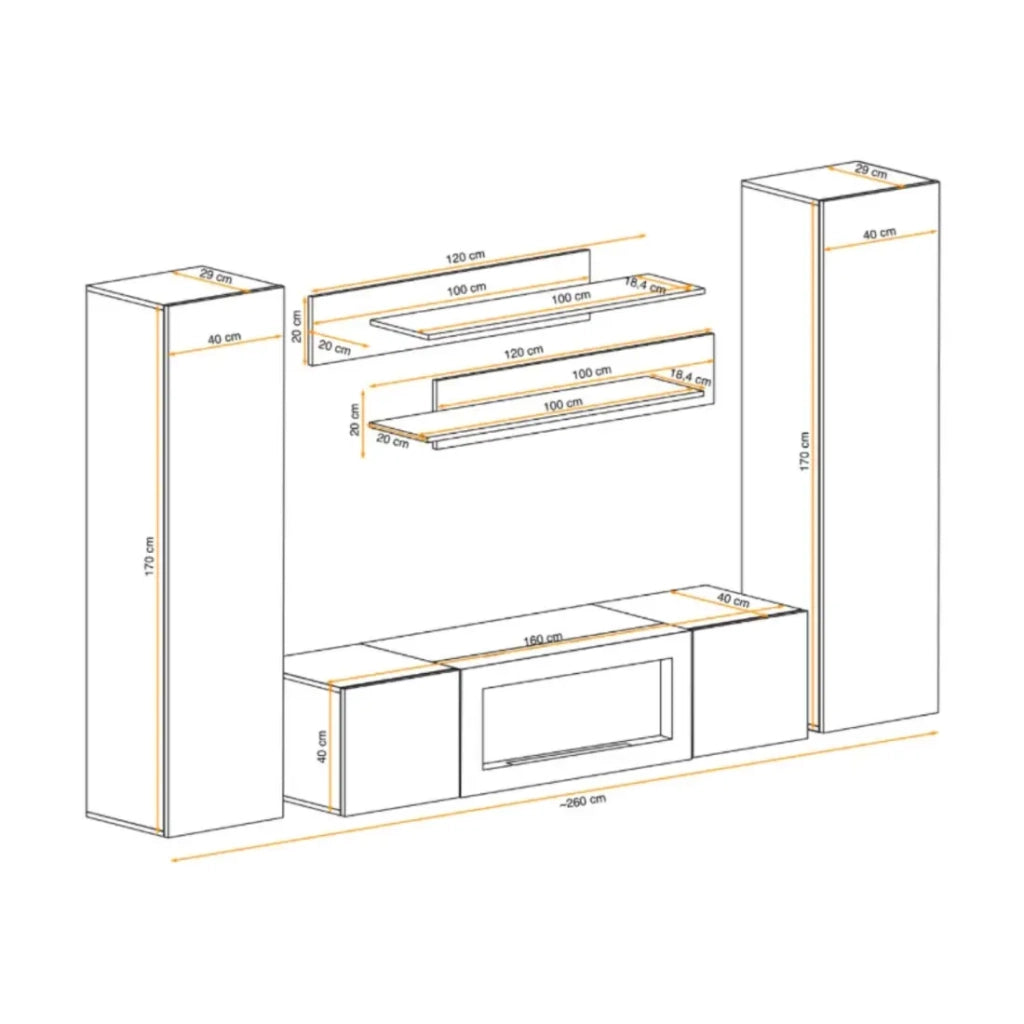 Composizione murale FLY – Rovere chiaro – Mobile TV, vetrine, scaffali – Camino bio-etanolo integrato