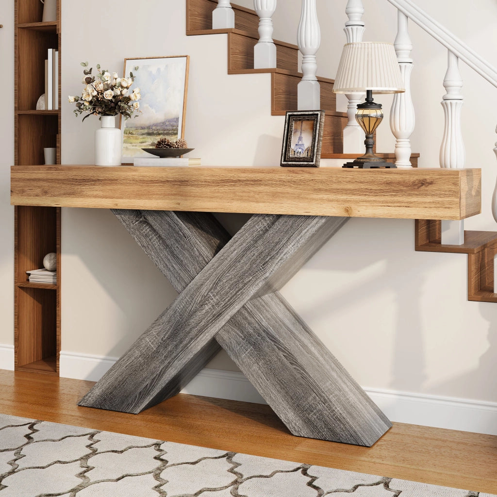 Consolle con struttura a X in pannello truciolare effetto legno naturale per ingresso e soggiorno 140 × 30 × 80 cm
