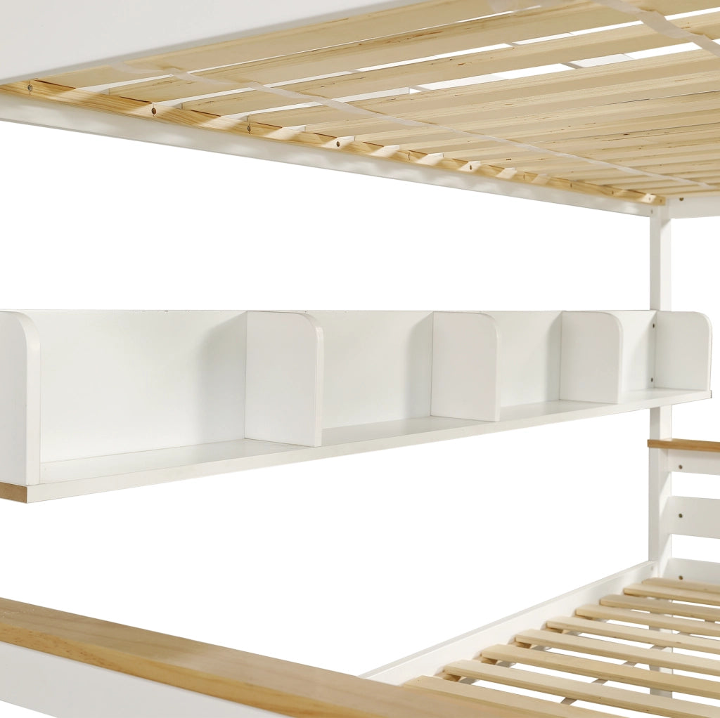 Letto a castello 90x200 cm e 140x200 cm con finestre; scala a 4 gradini e cassetti; bianco naturale