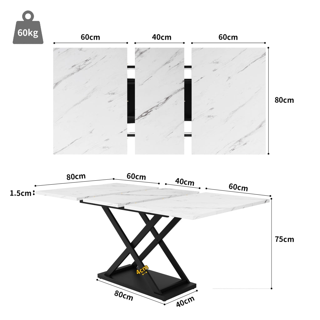 Tavolo allungabile con piano in MDF e gambe in metallo incrociate per cucina e soggiorno bianco 120 × 80 × 75 cm