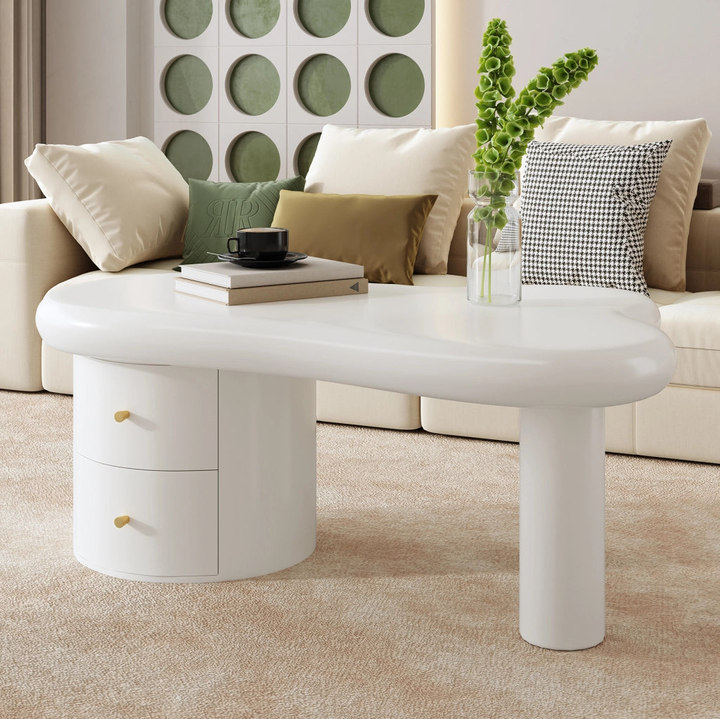 Tavolino da salotto con 2 Cassetti; Forma organica; Angoli arrotondati; per Soggiorno; in MDF; 97 × 64 × 42 cm; Bianco